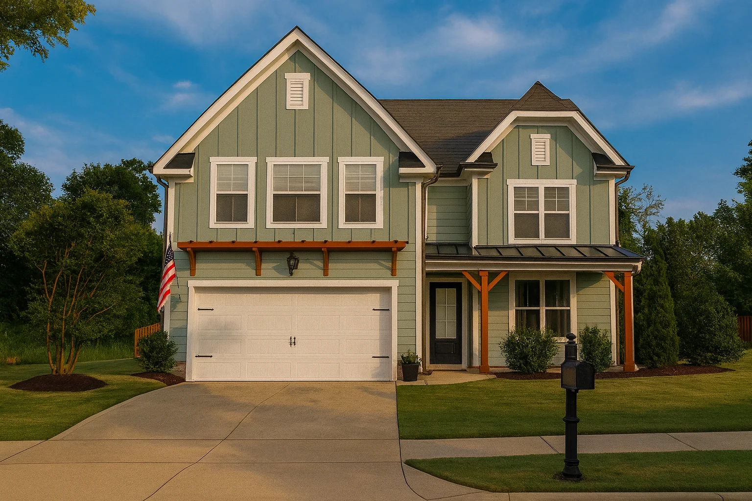 Front elevation of a New American modern farmhouse home featuring board and batten siding, covered porch, and Craftsman details