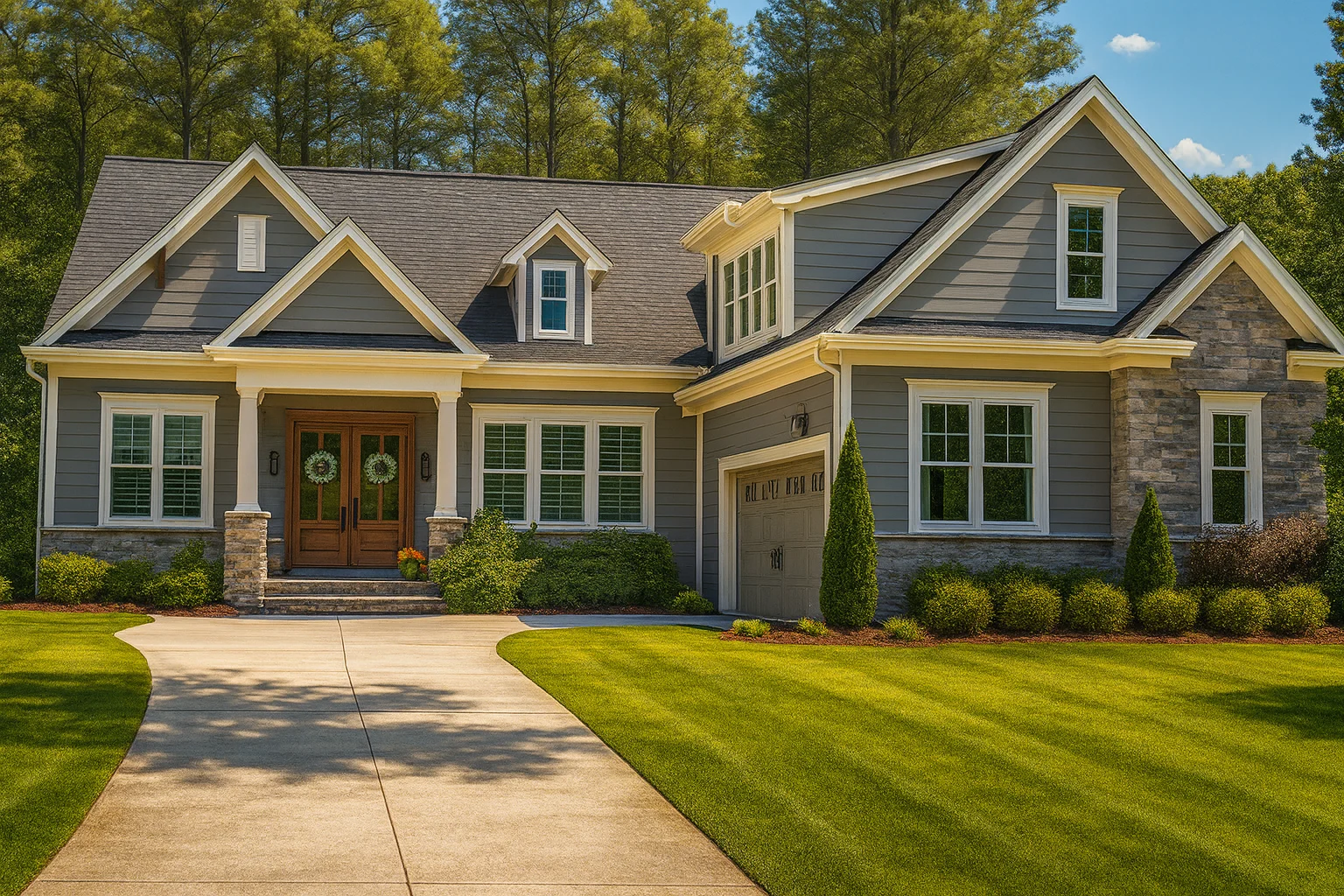 Front exterior of a New American Modern Traditional home with stone veneer, horizontal siding, Craftsman details, and attached garage