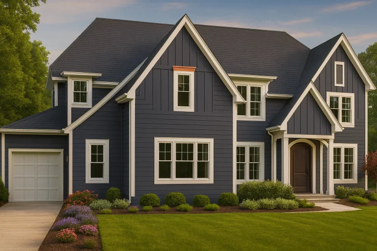 Front exterior view of a New American Modern Traditional house featuring board and batten siding, steep gable rooflines, symmetrical windows, and a welcoming covered entry