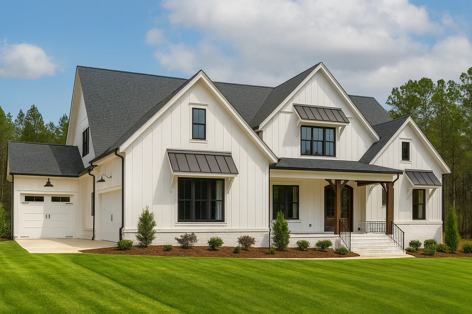 Front exterior of a Modern Farmhouse style home with painted brick, board and batten siding, gabled rooflines, and covered porch