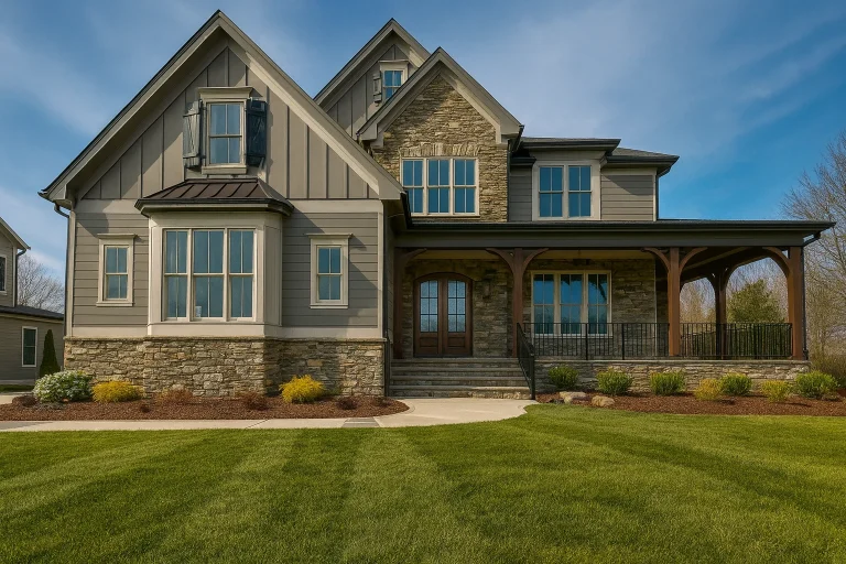 Front elevation of a New American Craftsman style home featuring stone veneer, board-and-batten siding, covered front porch, and classic suburban curb appeal