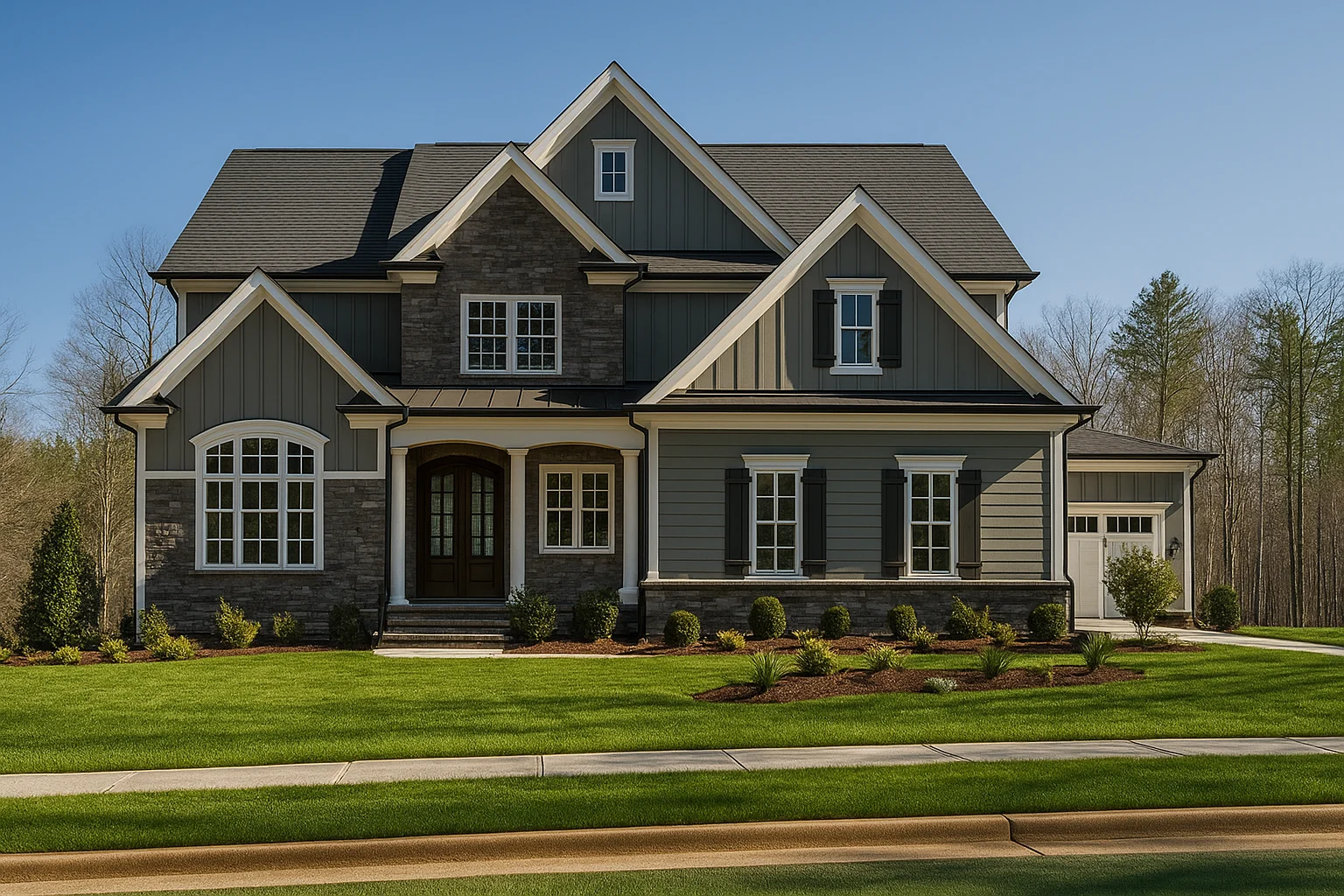 Front elevation of a Traditional Colonial New American style home with horizontal siding, stone accents, symmetrical windows, and covered entry