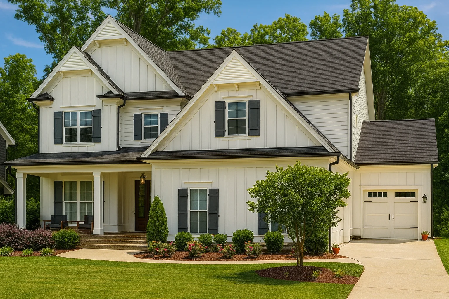 Front elevation of a Traditional New American style suburban home with horizontal siding, covered porch, and attached garage