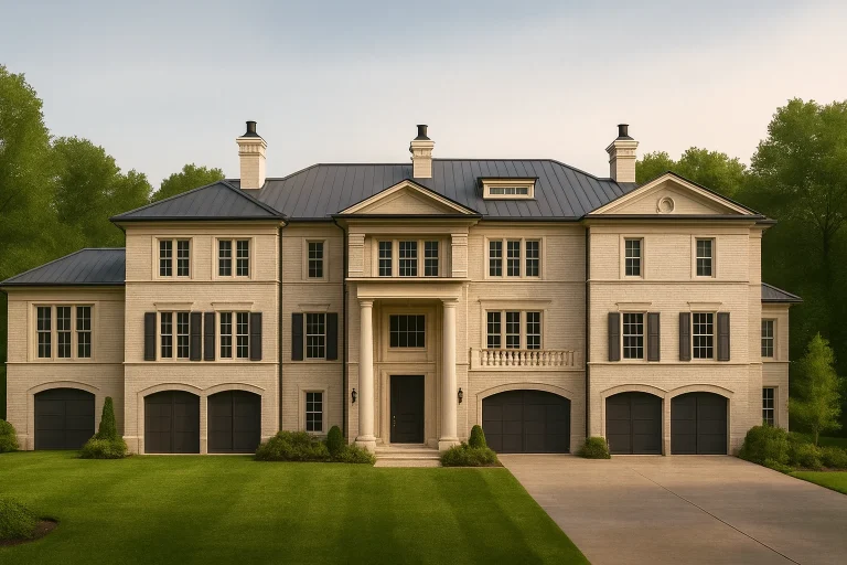 Front elevation of a Georgian Neoclassical style luxury home with painted brick exterior, symmetrical design, tall windows, and formal central entry
