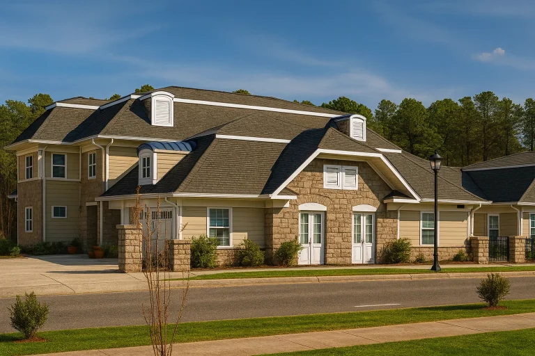 Front elevation of a traditional New American style brick building with symmetrical windows, gabled rooflines, and classic suburban architecture
