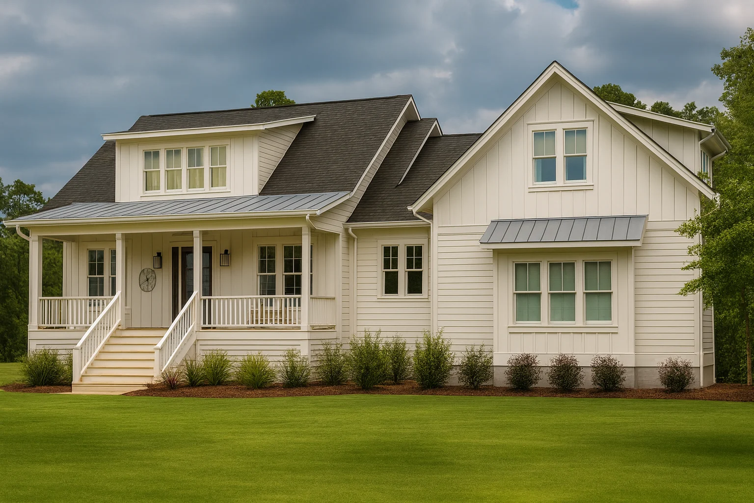 Front elevation of a Coastal Farmhouse style home featuring white board and batten siding, metal porch roof, gabled forms, and a welcoming covered front porch