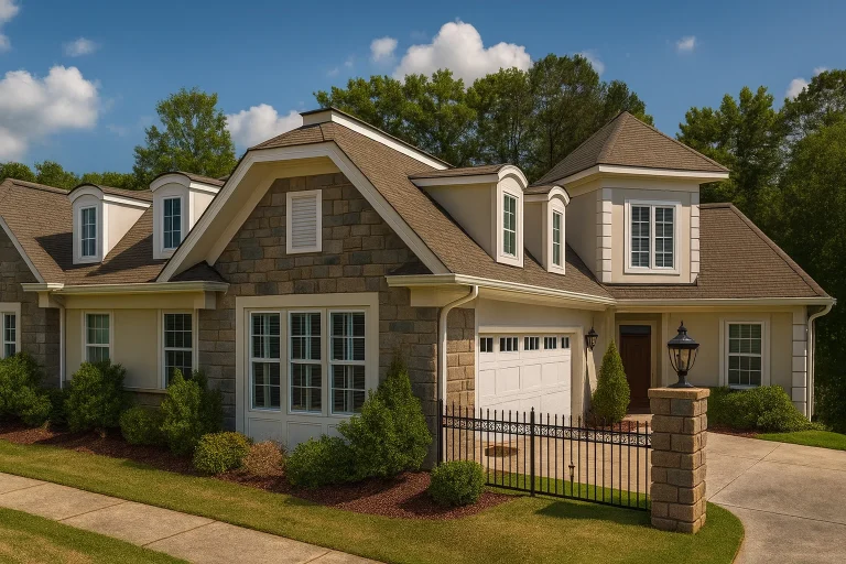 Front elevation of a New American Craftsman style home featuring stone veneer, board-and-batten siding, gabled rooflines, and a welcoming covered entry