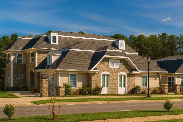 Front exterior of a New American style home featuring brick construction, stone accents, multi-gable rooflines, and classic suburban curb appeal