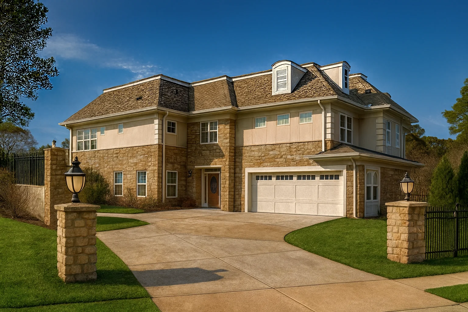 Front elevation of a Traditional Colonial luxury home with brick exterior, symmetrical facade, multi-pane windows, and side-entry garage
