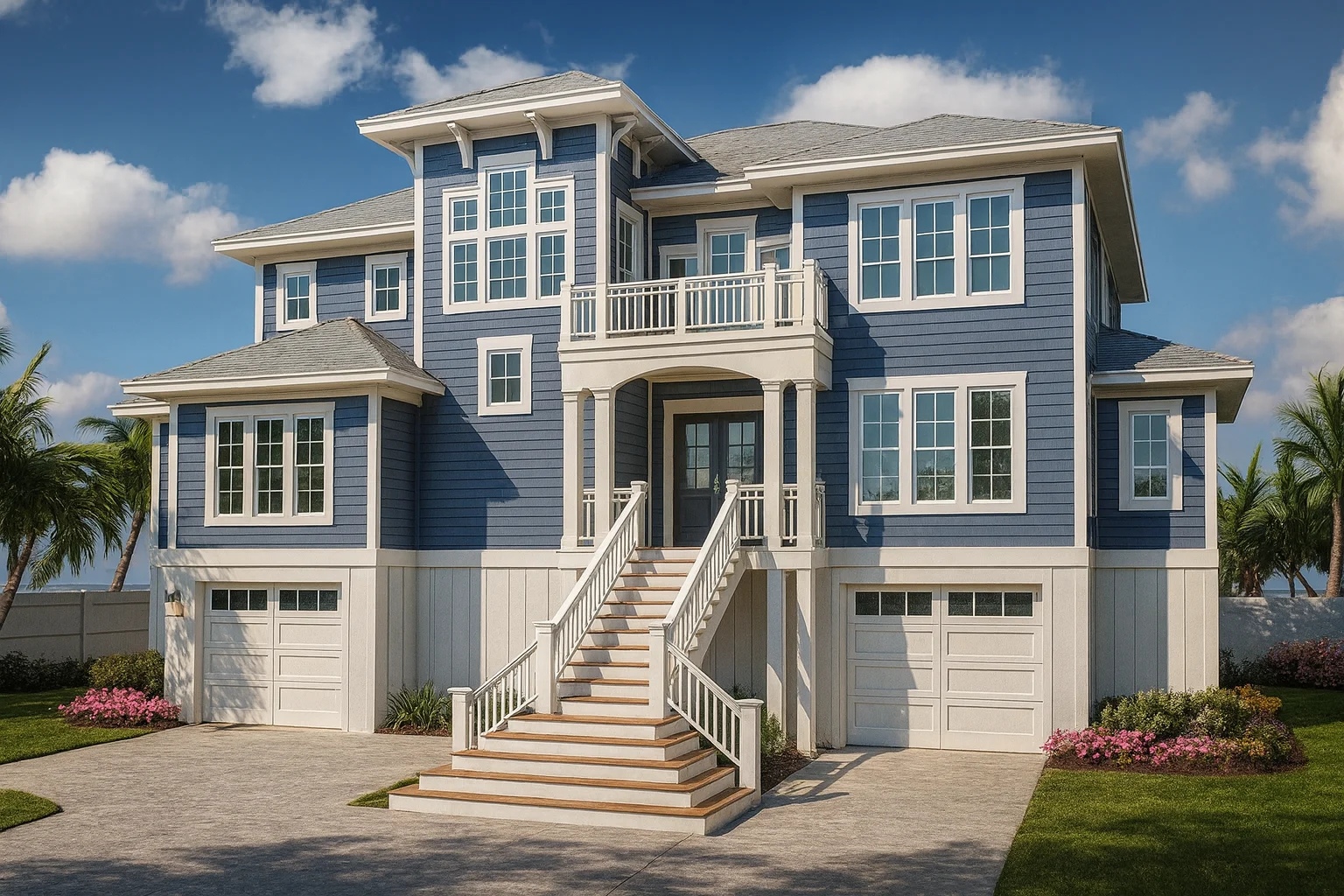 Front exterior view of an elevated Coastal Beach House with horizontal siding, board-and-batten accents, covered porches, balconies, and a raised foundation design