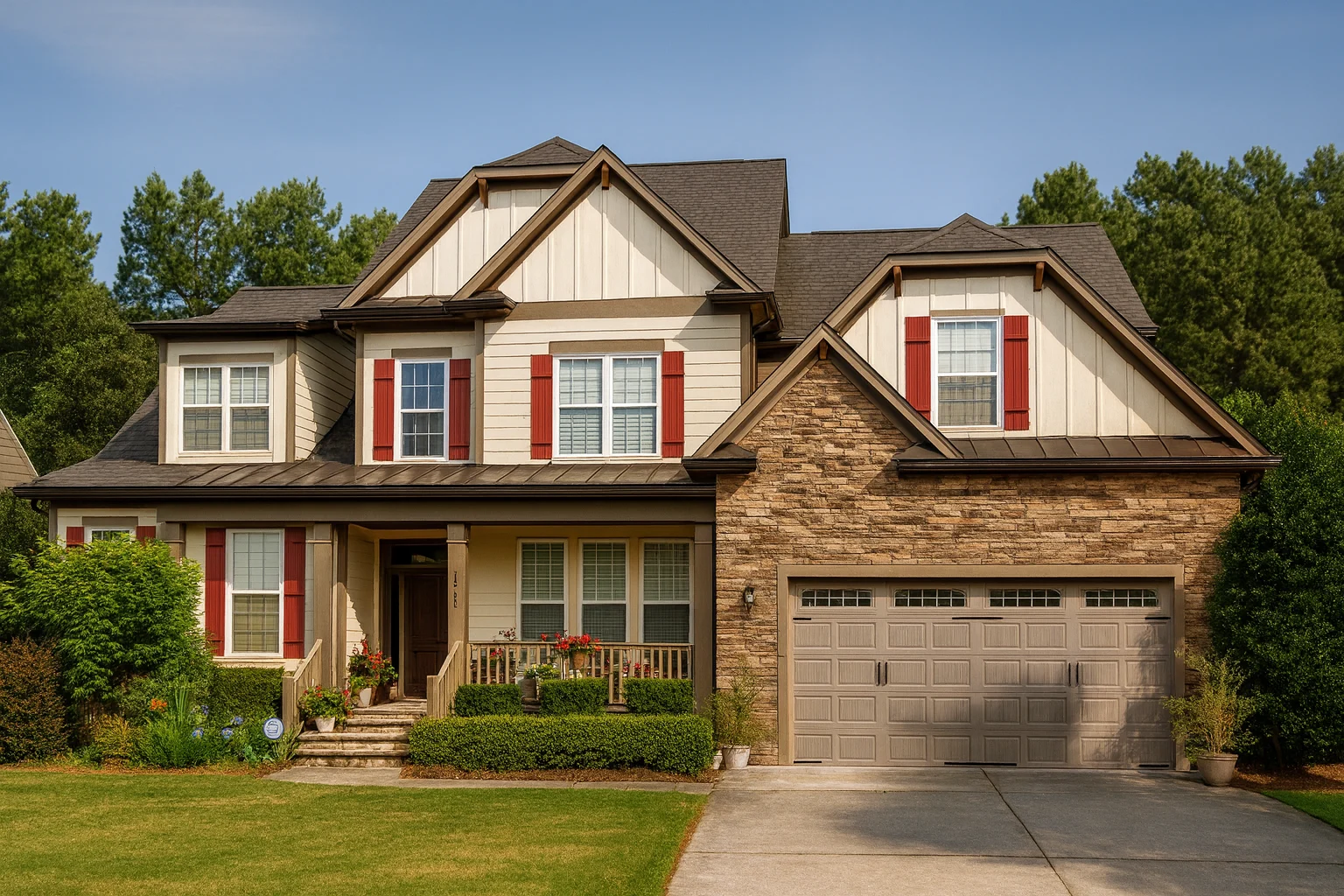 Front elevation of a New American style home with stone veneer, horizontal siding, board and batten accents, and a covered entry porch