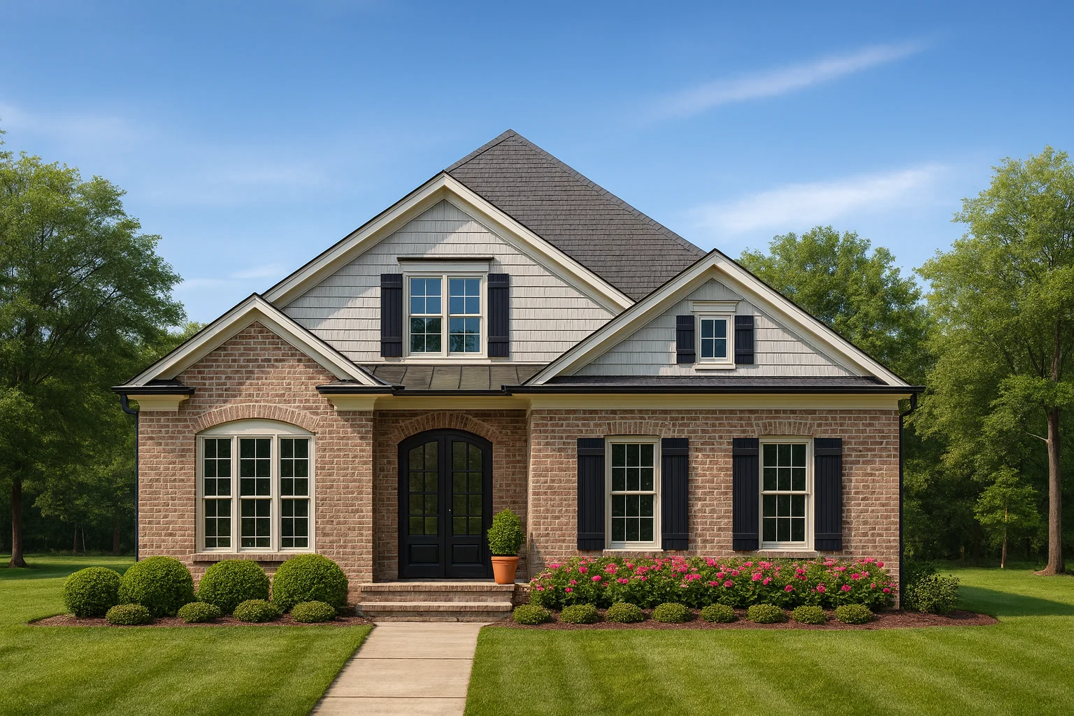 Front elevation of a Traditional Colonial Revival style brick home with symmetrical windows, gabled rooflines, and arched entry
