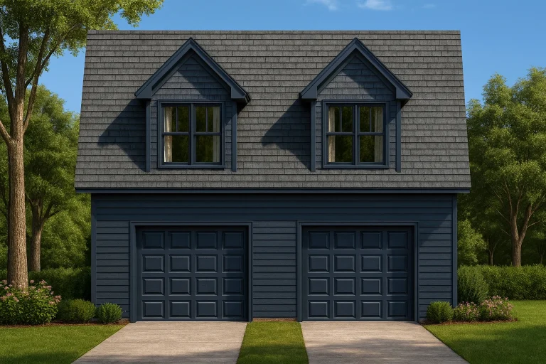 Front elevation of a Traditional Colonial Cape Cod style garage apartment with lap siding, dormer windows, and dual garage doors