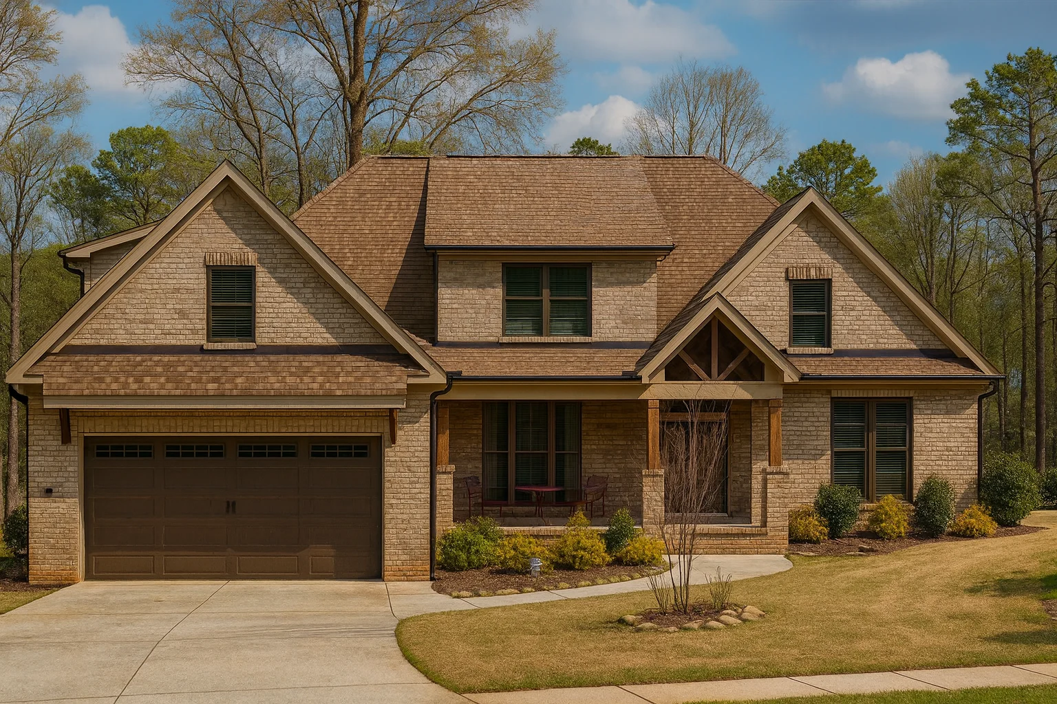 Front elevation of a New American Craftsman style home featuring brick exterior, stone accents, shake gables, and a covered front porch