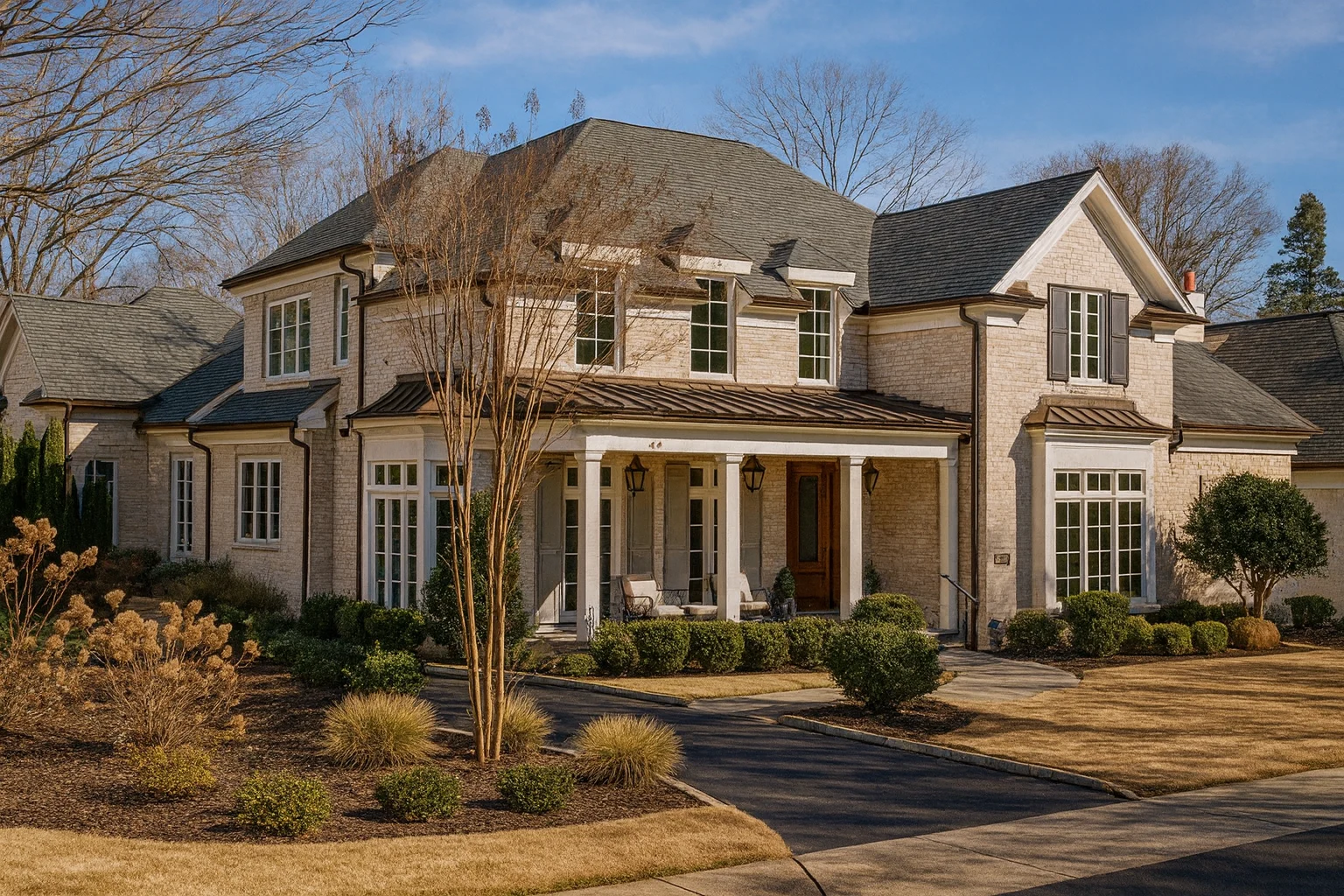 Front exterior of a Traditional Colonial style home featuring brick façade, symmetrical windows, and a columned covered porch
