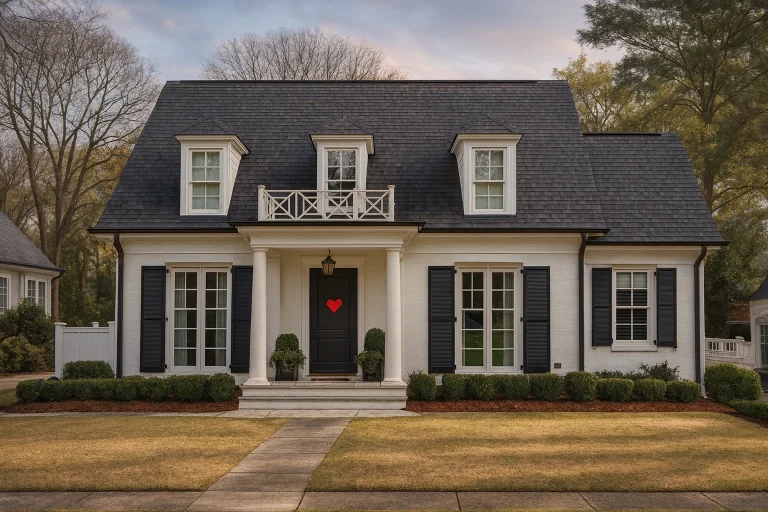House Plans 14 Front elevation of Cape Cod style home with painted brick exterior, dormer windows, shutters, and symmetrical Colonial Revival design