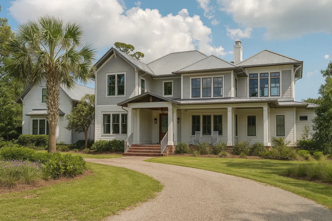 coastal-style house plan with 4,883 heated sq. ft., 4 bedrooms, 4.5 baths, 2 stories