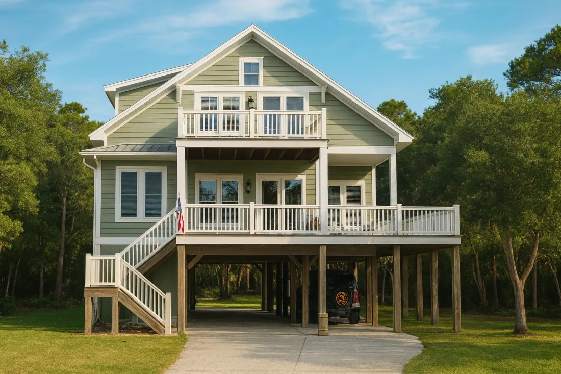 Beach Home Plan with 2 Stories & Wraparound Porch