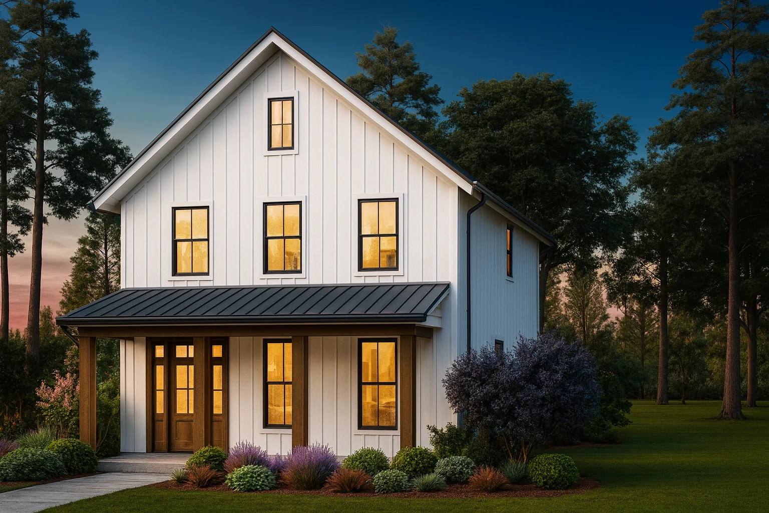Front elevation of a Modern Farmhouse style home with white board and batten siding, black standing seam metal roof, symmetrical windows, and covered front porch