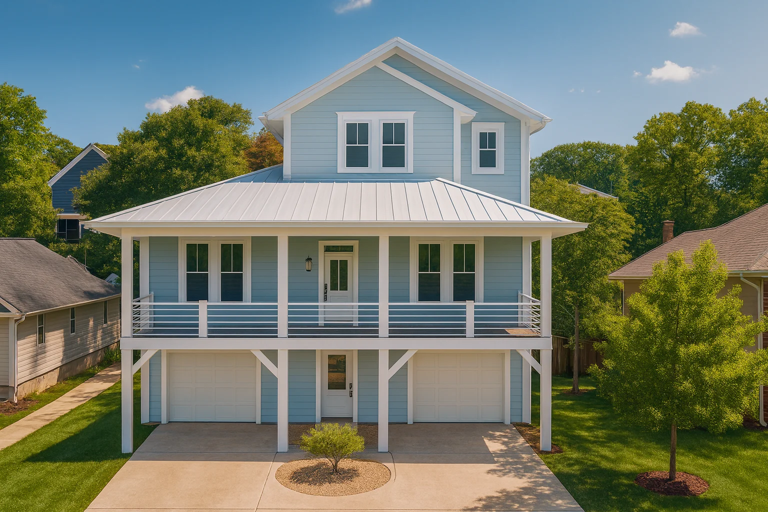 House Plans 21 Front elevation of a Coastal Low Country style home with elevated living, horizontal lap siding, metal roof, and deep covered porch