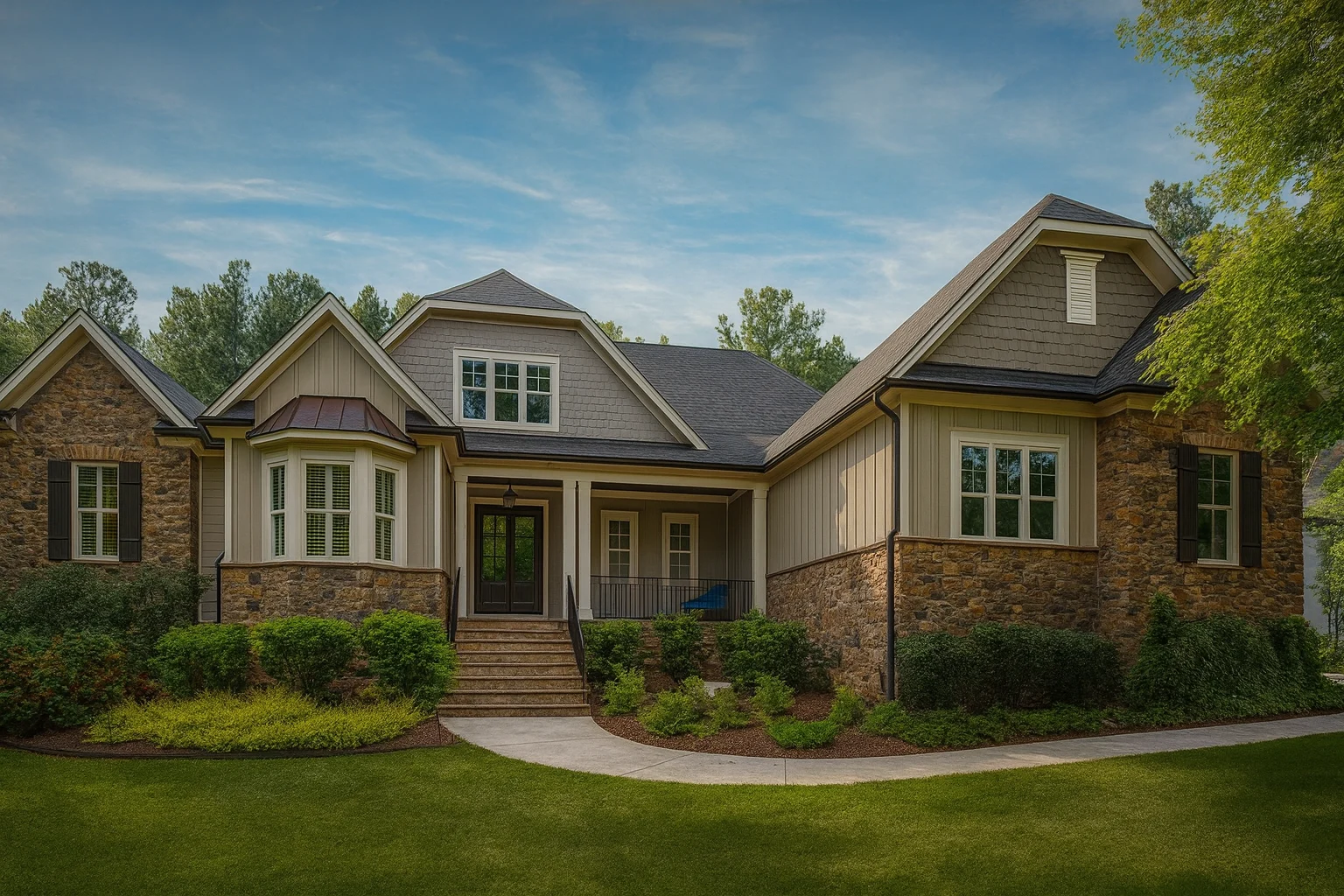 Front elevation of a Traditional Suburban home with brick exterior, horizontal siding, gabled rooflines, and landscaped entry