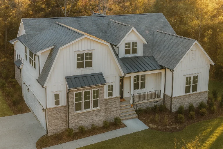 House Plans 21 Front exterior view of a Modern Farmhouse New American style home featuring board and batten siding, brick accents, gabled rooflines, and a covered porch