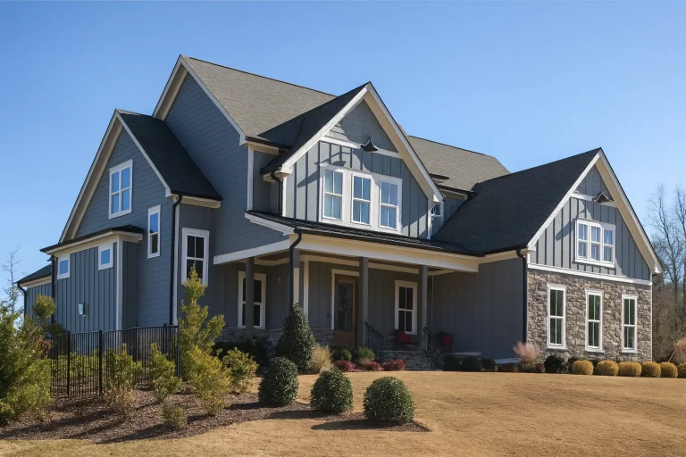 House Plans with Home Office 3 Front exterior view of a New American Modern Traditional house featuring stone accents, board and batten siding, gabled rooflines, and a covered front porch