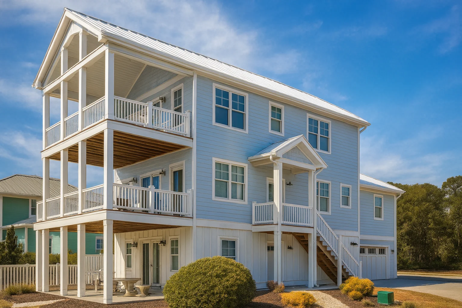 Front exterior view of an elevated coastal beach house with multiple wraparound porches, horizontal siding, and classic Low Country architecture