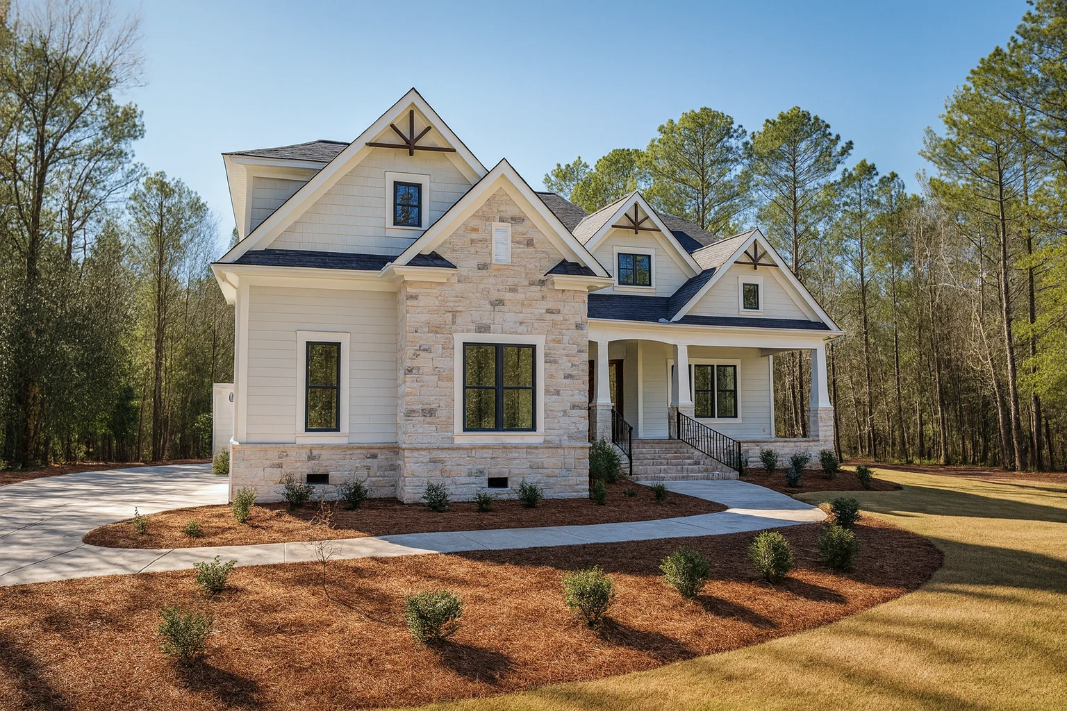 Front exterior of a New American Southern Traditional style home with painted brick, board-and-batten gables, steep rooflines, and covered entry porch