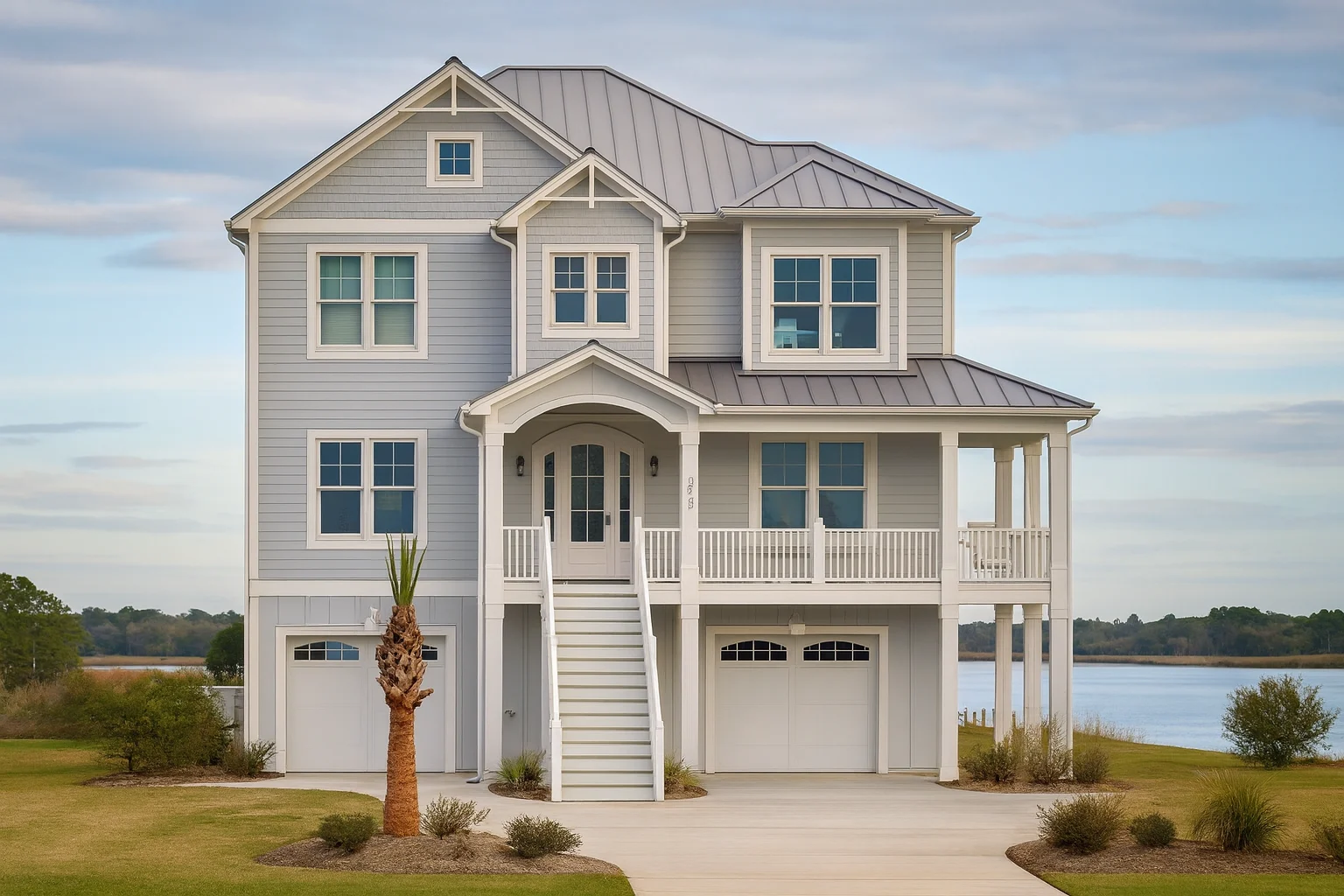 Front elevation of an elevated Coastal Beach House with horizontal siding, covered porches, exterior stairs, and metal roof