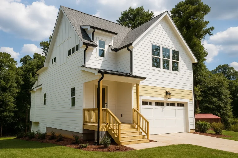 Front exterior view of a New American style garage apartment with horizontal siding, simple gabled rooflines, and private exterior stair entry