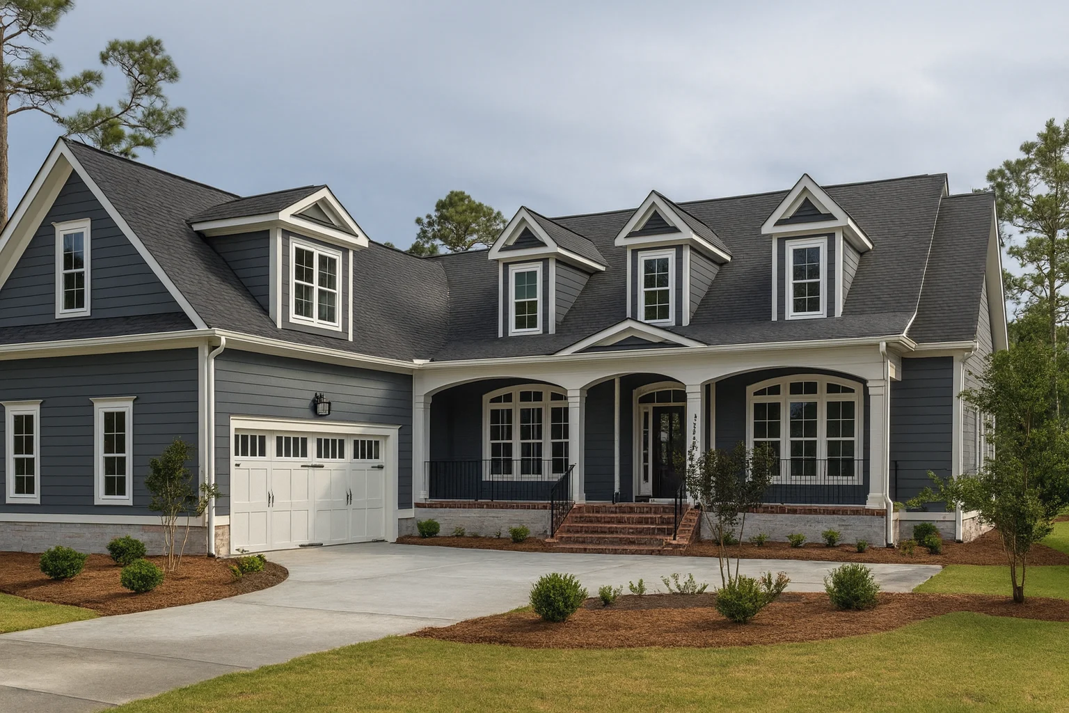 Triplex House Plans 21 Front exterior of a New American Modern Traditional style house featuring horizontal siding, board and batten accents, gabled rooflines, and a welcoming covered front porch