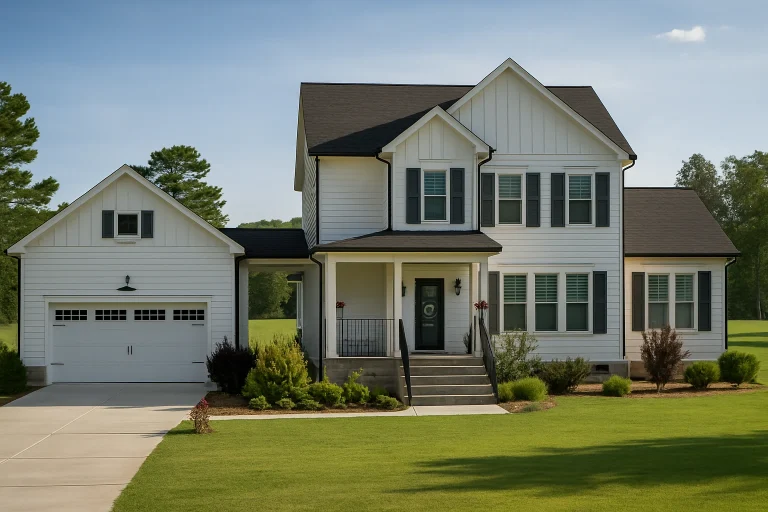 Front elevation of a New American style home with Colonial Revival details, horizontal siding, board-and-batten accents, and a covered front porch