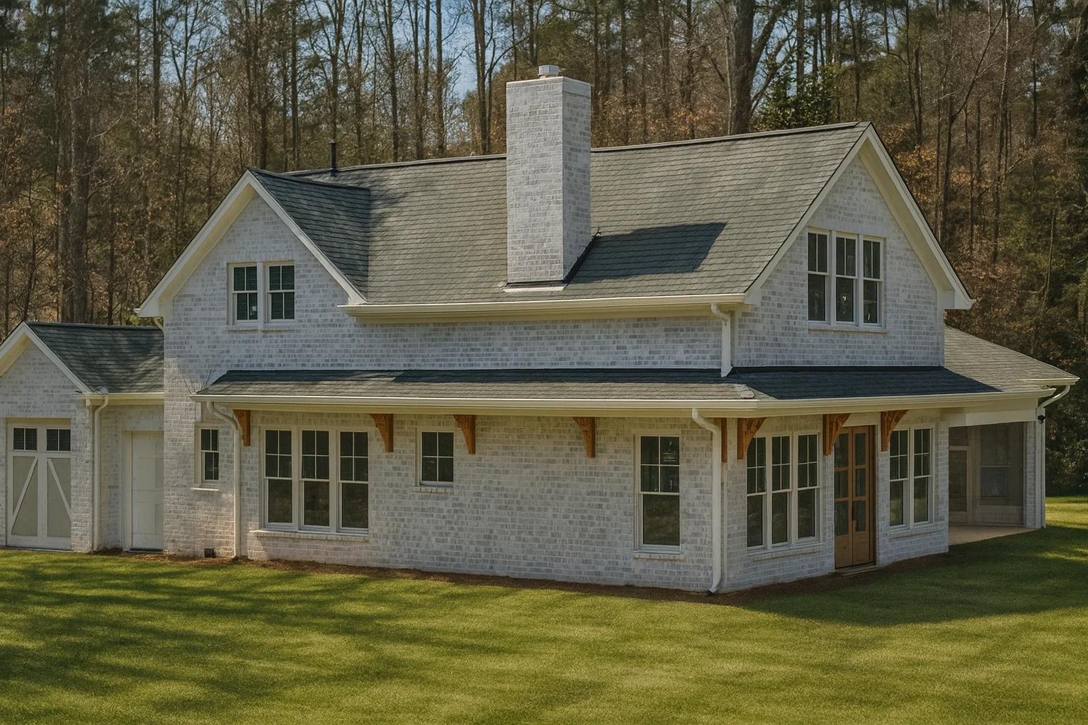 Triplex House Plans 23 Rear angle view of Cape Cod style coastal traditional home featuring painted brick exterior, steep gabled roof, chimney, and covered wraparound porch