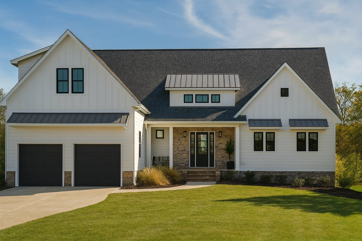 Triplex House Plans 11 Front exterior of a Modern Farmhouse New American style home featuring board and batten siding, stone accents, gabled rooflines, and an attached garage