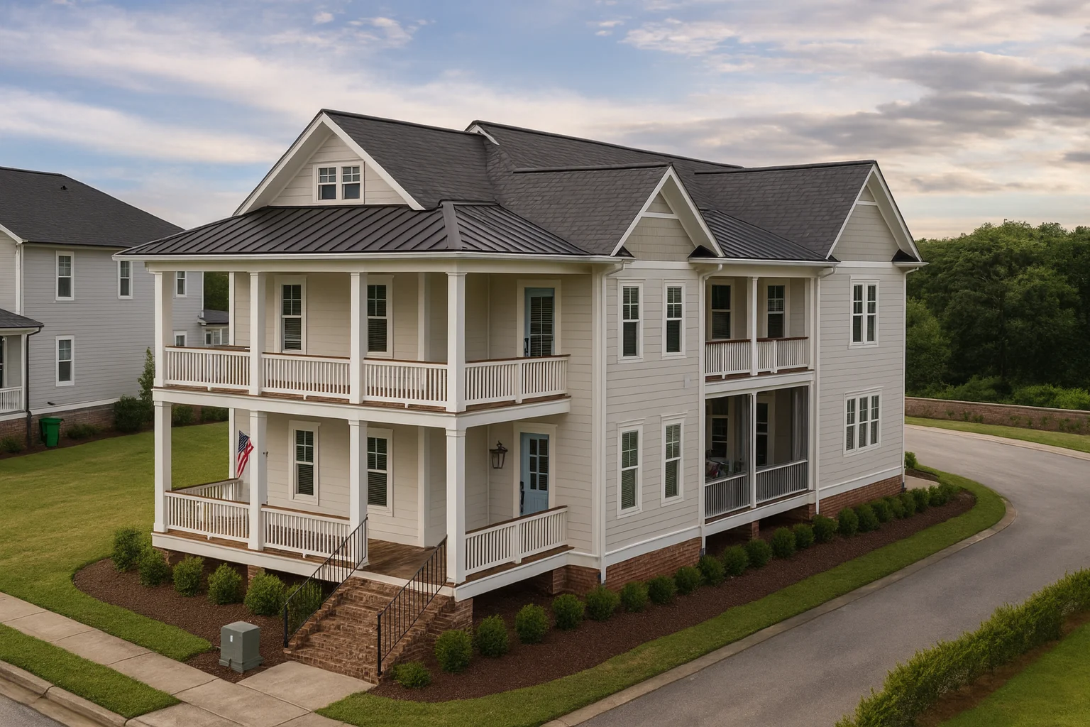 Front and side view of a Low Country Coastal style home featuring wraparound porches, elevated foundation, light siding, and standing seam metal roof