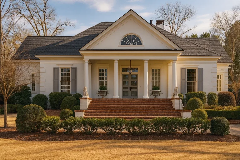 Front elevation of a Neoclassical Southern cottage style home with painted clapboard siding, brick steps, and a symmetrical columned porch
