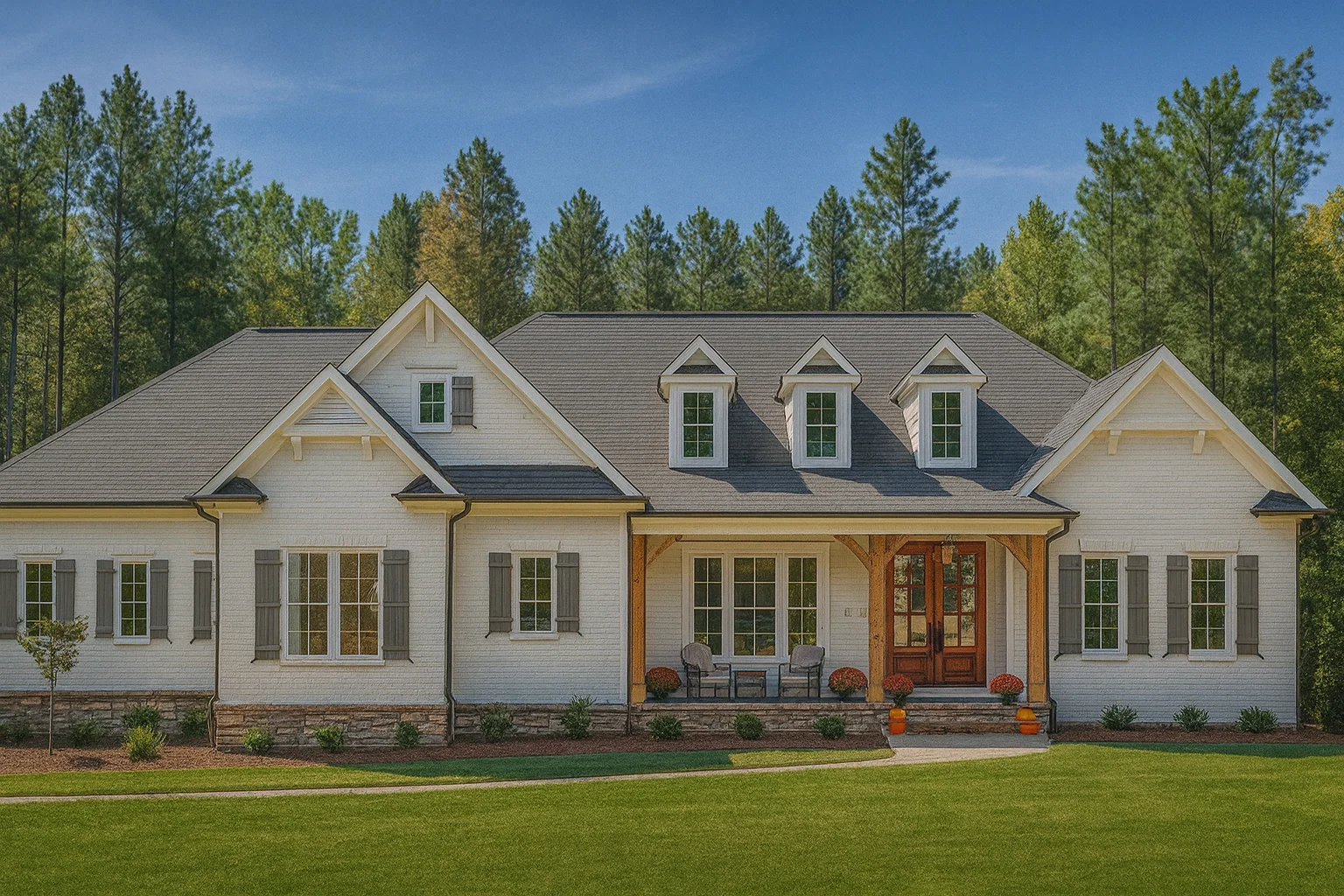 Front elevation of a New American Southern Traditional house with painted brick exterior, symmetrical facade, dormer windows, and covered front porch