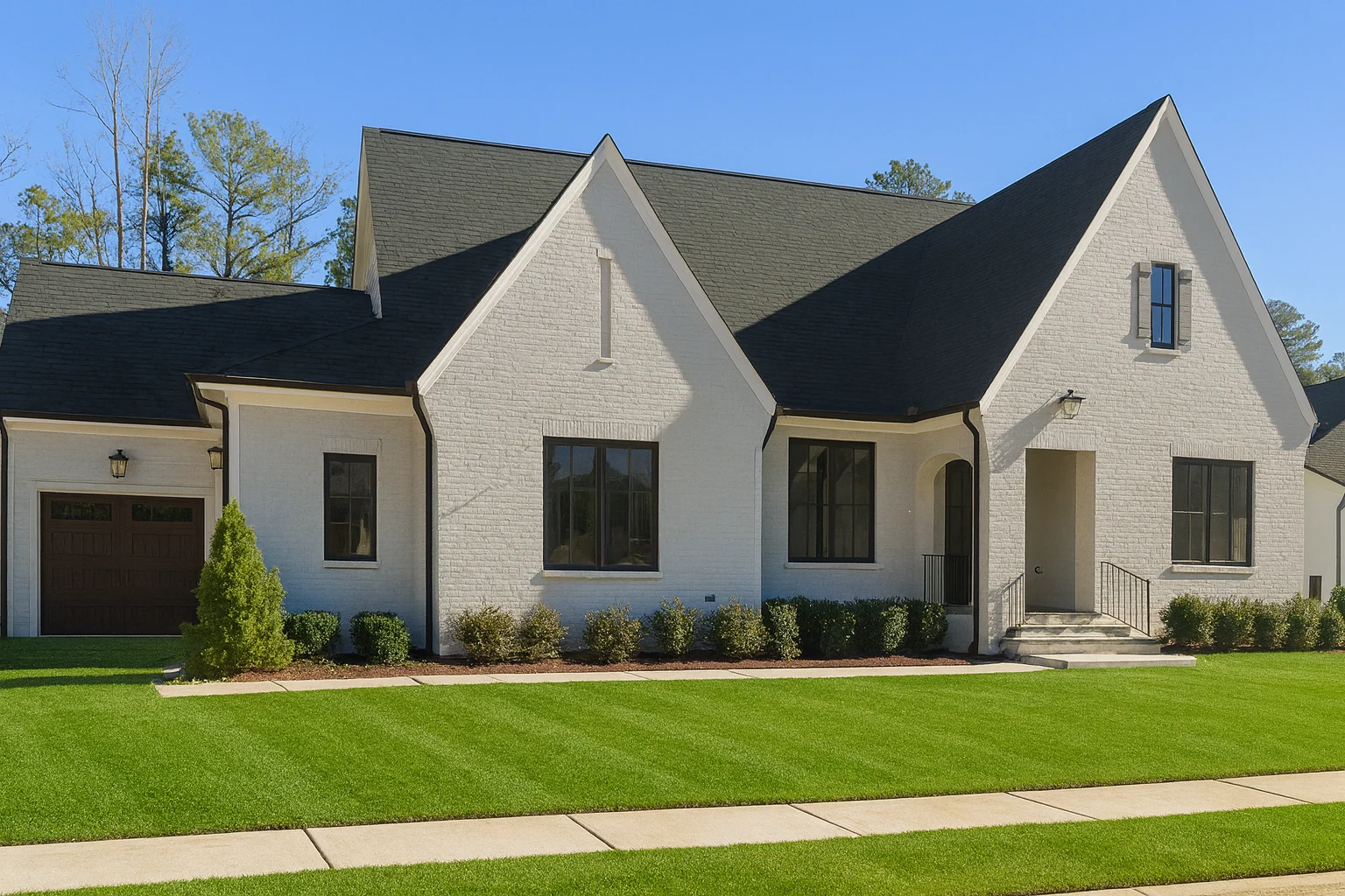Front exterior view of a New American Modern Traditional house featuring a painted brick façade, steep gable rooflines, black-framed windows, and refined European-inspired detailing