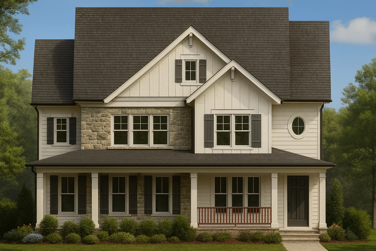 Front elevation of Modern Farmhouse style home with board and batten siding, stone accents, gabled rooflines and covered front porch
