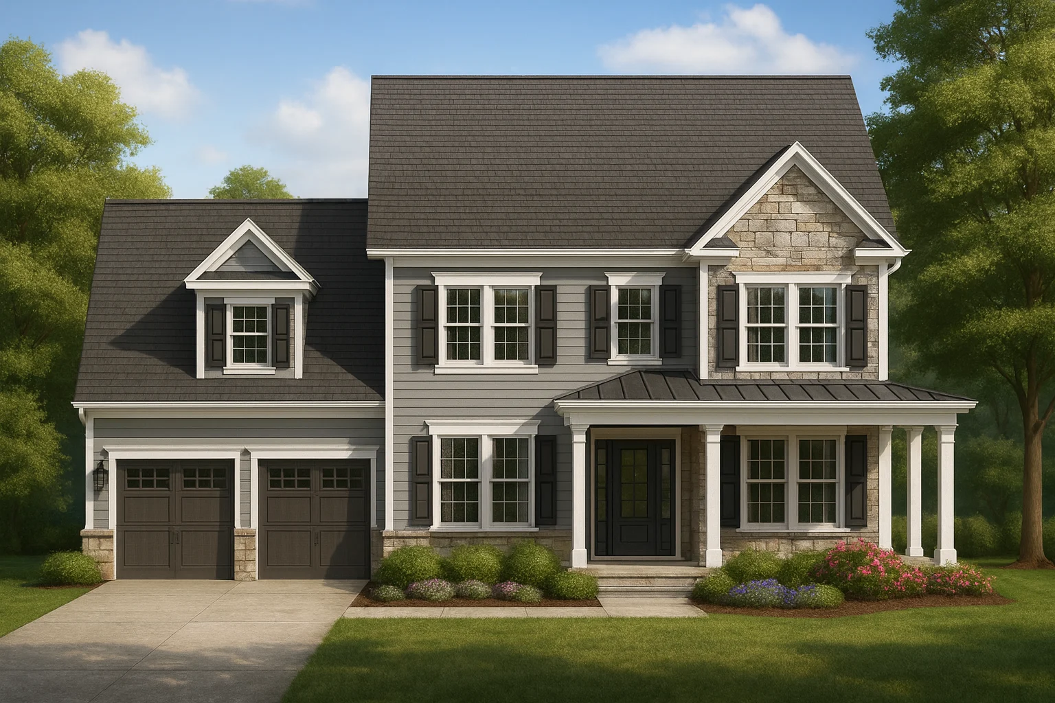 Front elevation of Traditional Colonial style home with lap siding, stone veneer accents, shutters, and covered front porch