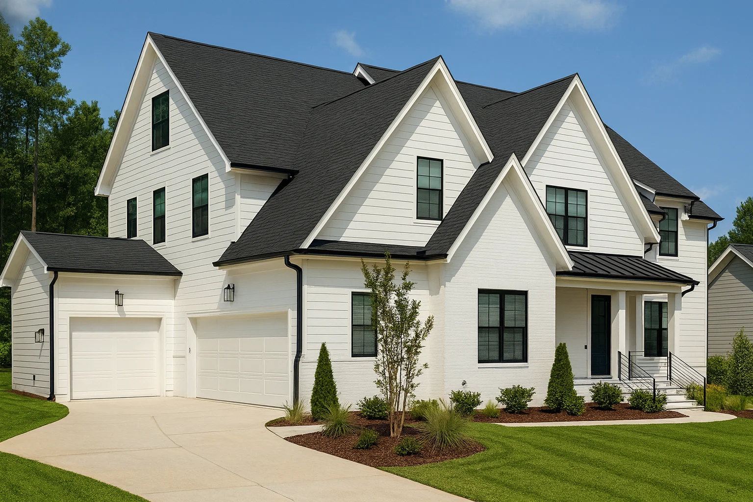 Front exterior of a New American modern traditional house featuring white board and batten siding, black windows, steep gabled rooflines, and an attached garage