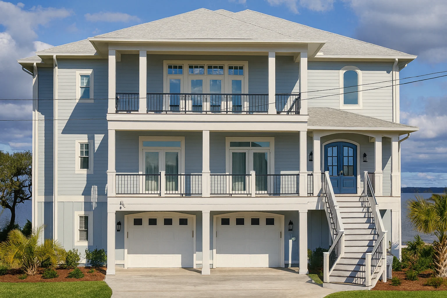 Front exterior of a Coastal Low Country style home featuring elevated construction, double stacked porches, horizontal siding, and symmetrical Southern architecture