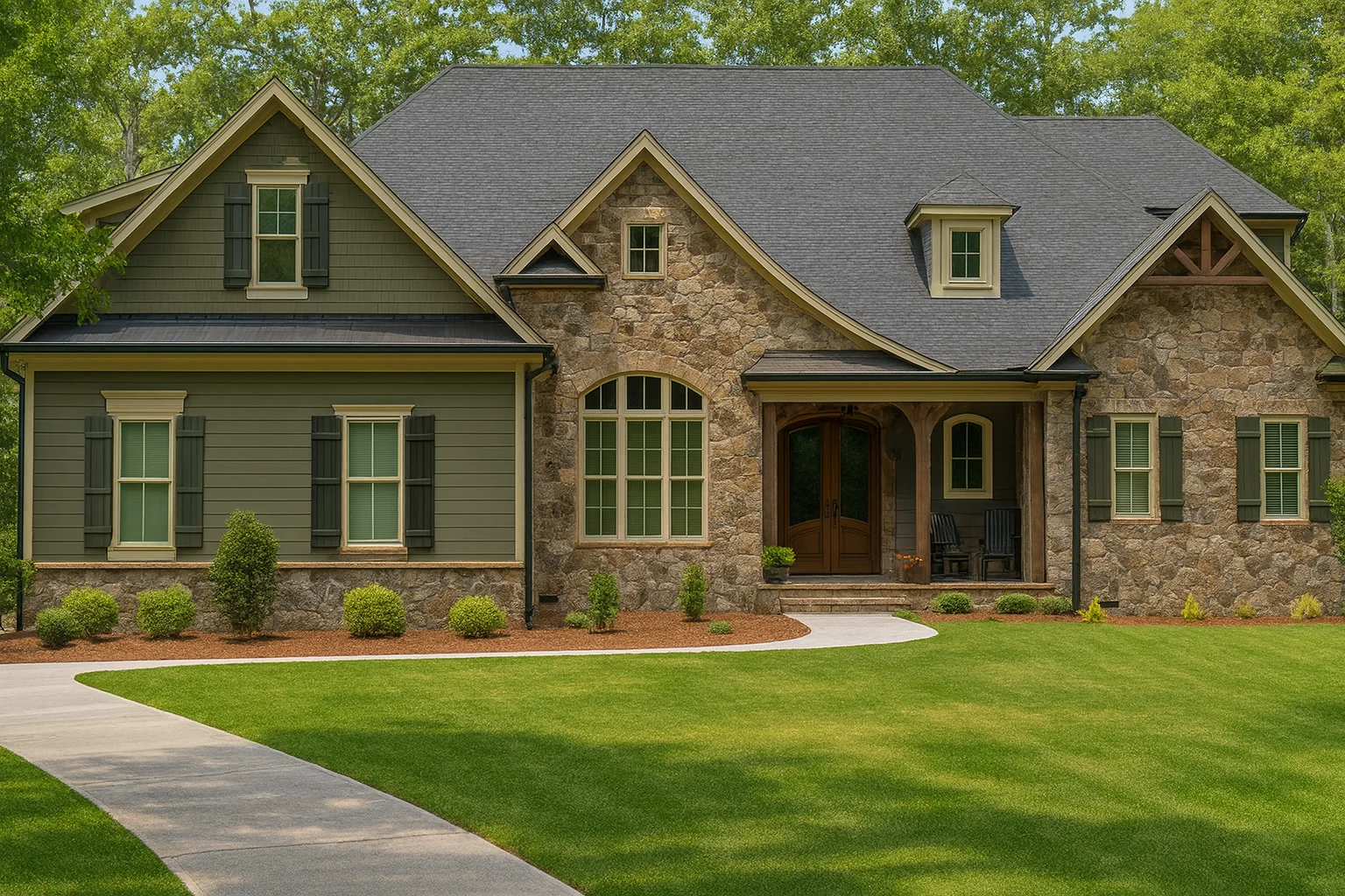 Front elevation of a New American Craftsman style home featuring stone veneer, horizontal lap siding, dormer windows, and an arched covered entry