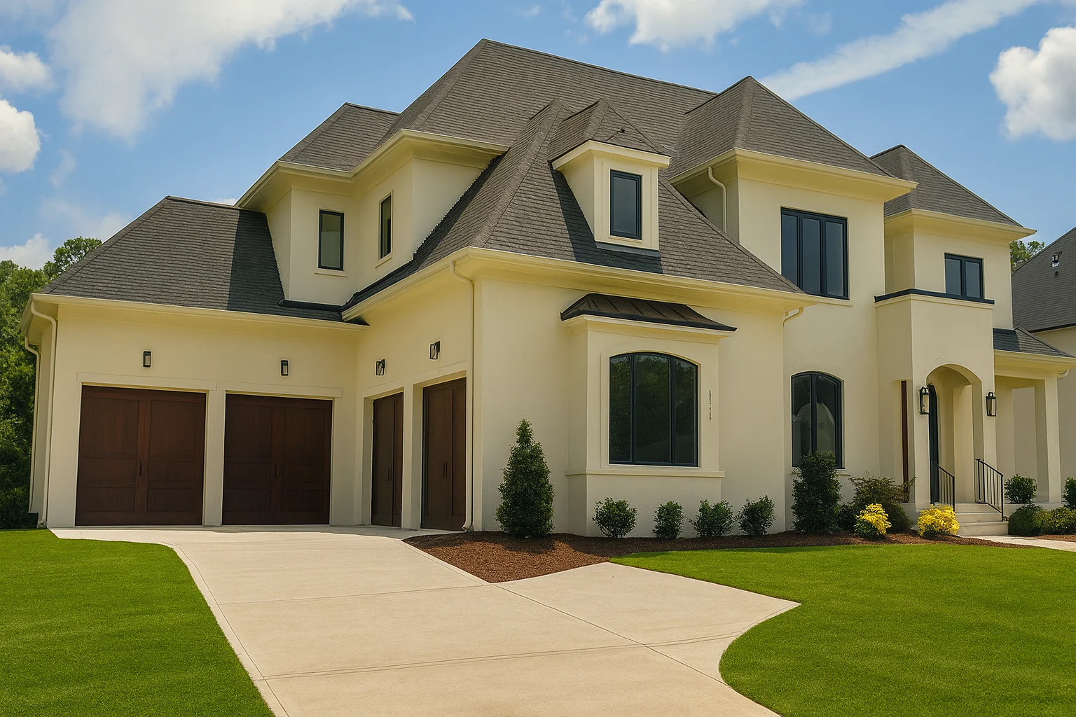 Front exterior of a French Country style luxury home featuring smooth stucco walls, arched windows, dark trim, and a three-car garage