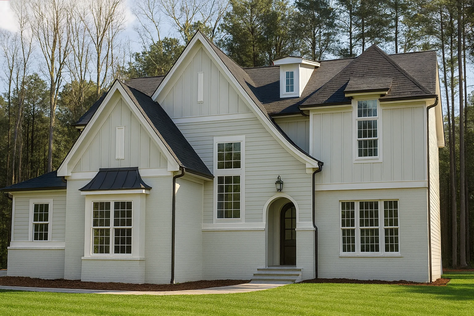 Front elevation of a New American Modern Traditional home with Colonial Revival influences, featuring white board and batten siding, steep gables, and symmetrical windows