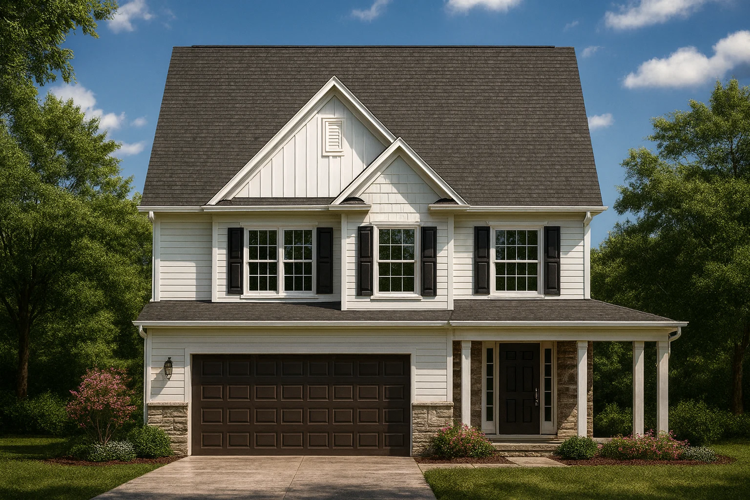 Front elevation of Traditional Colonial style house with horizontal lap siding, symmetrical windows, and covered front porch