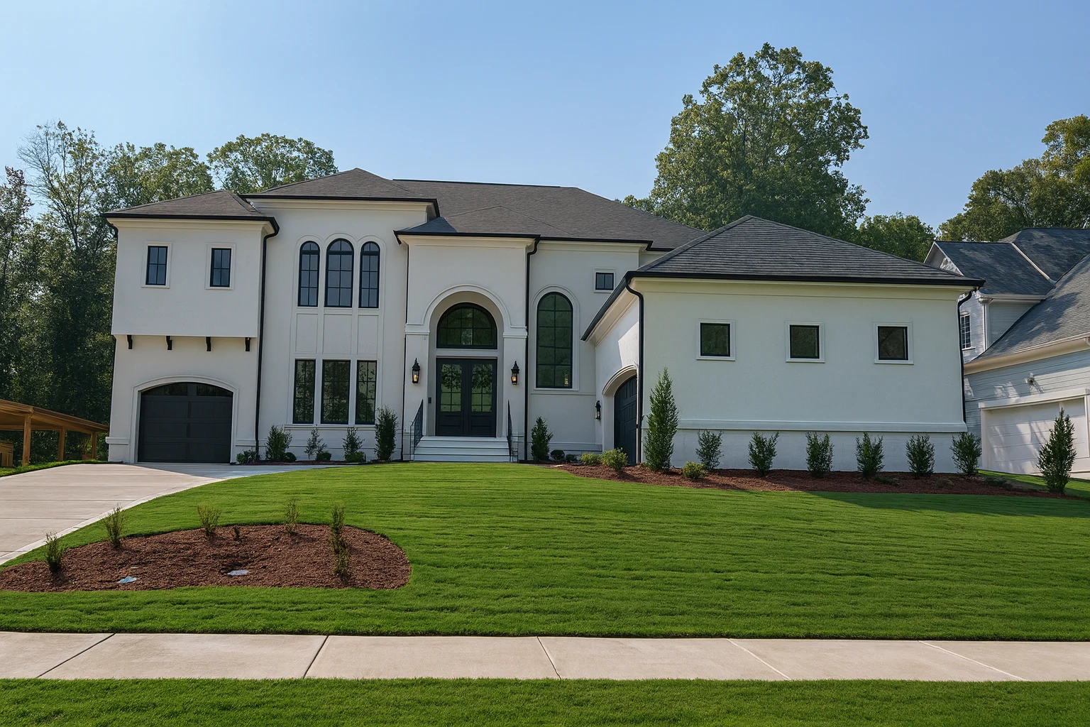 Front elevation of a Neoclassical style luxury home with white stucco exterior, symmetrical design, arched entry, and classic proportions