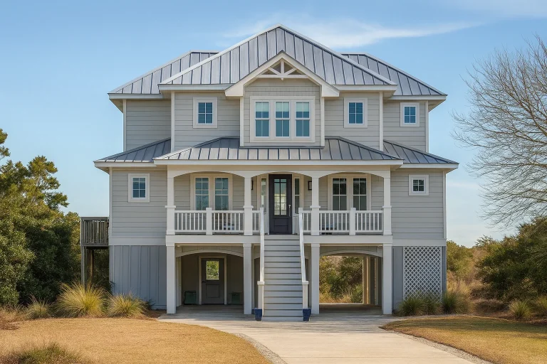 Front elevation of a Coastal Low Country style home with board and batten siding, raised pier foundation, covered porches, and symmetrical Southern architecture