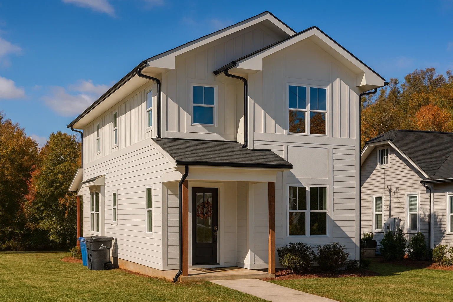 Triplex House Plans 19 Front exterior of a Modern Farmhouse style two-story home with white board and batten siding, black windows, and a covered entry porch
